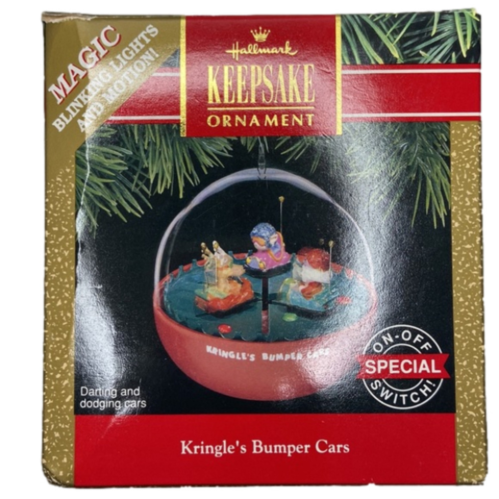 1991 Hallmark Ornament Kringles Bumper Cars Magic Blinking Lights and Motion